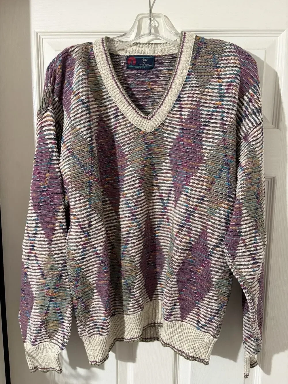 Vintage Isle Of Cotton Sweater Argyle Sz M Made In USA Knit
